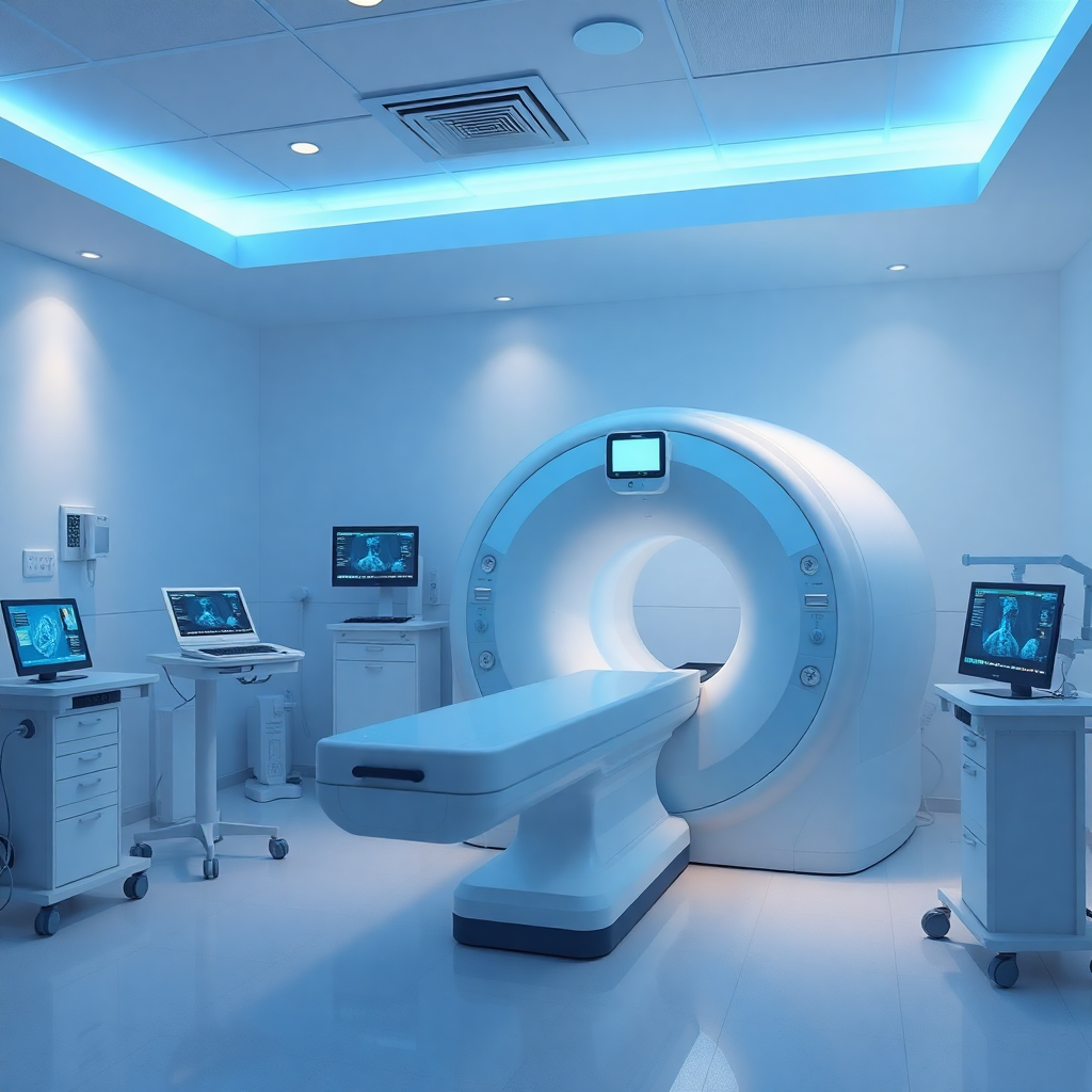 Interactive hospital walkthrough visualization with CT scanner room, Fujifilm brand elements